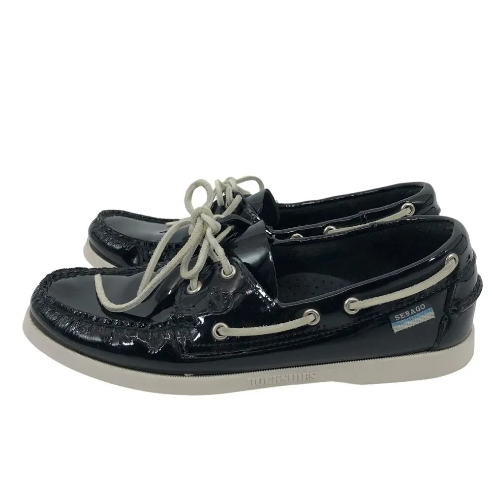 Sebago‎ Docksides Boat Shoes Mens 9 More Like 8.5 Black Patent Leather Moccasin